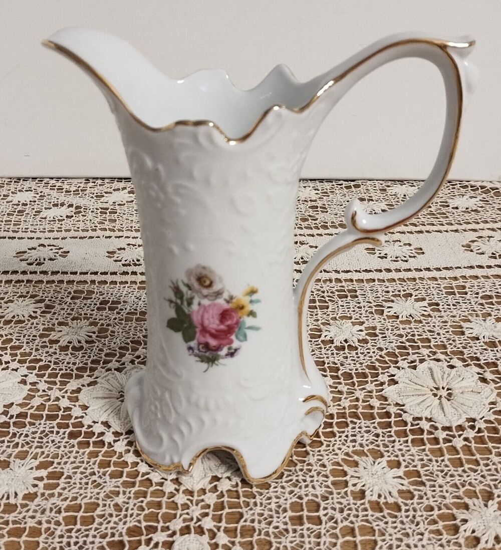 Vintage Royal Danube Pitcher/Creamer White w/Rose Pattern Gold Trim 7 1/2" Tall